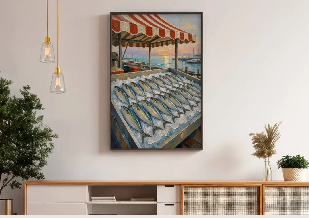 Fish Market Painting Under a Striped Awning canvas wall art above a wooden sideboard under pendant lights