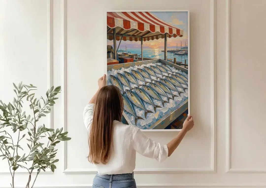 Fish Market Painting Under a Striped Awning canvas wall art being hung on a paneled wall