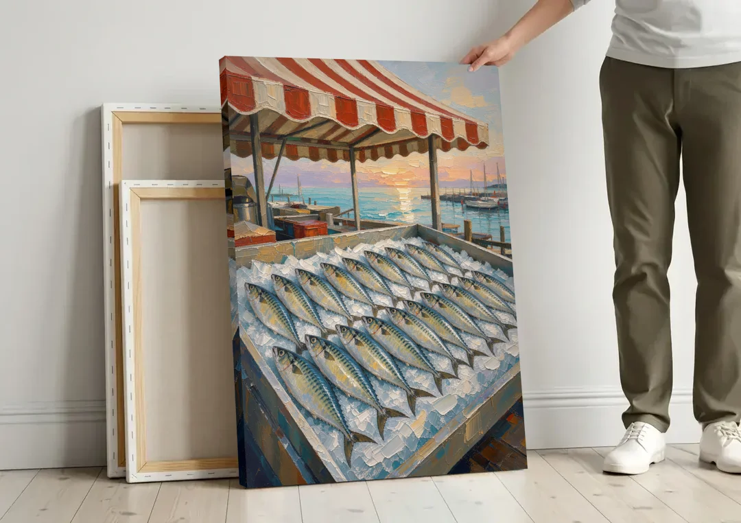 Fish Market Painting Under a Striped Awning canvas wall art leaning against a wall next to blank canvases