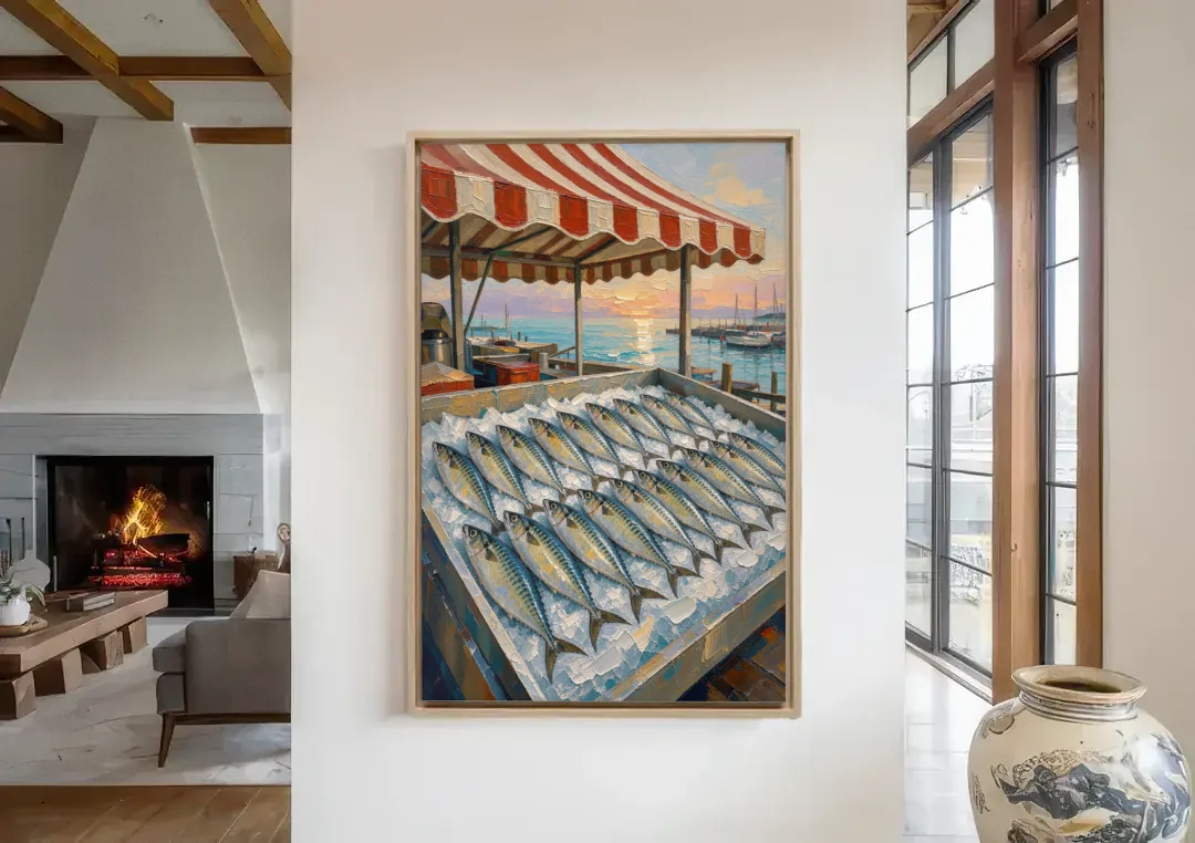 Fish Market Painting Under a Striped Awning canvas wall art in a living room with a fireplace