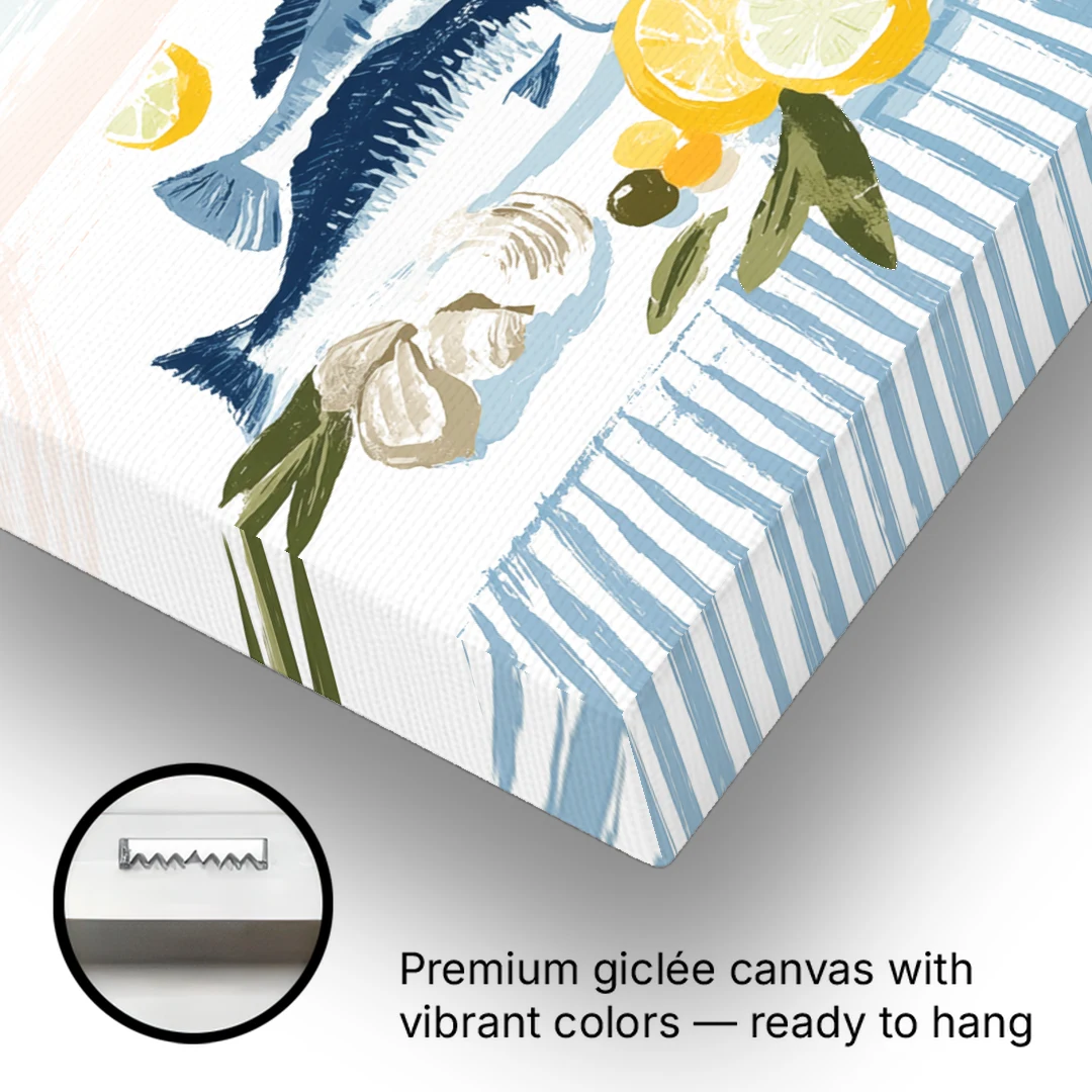 Fish Painting with Lemons by the Sea - Canvas Wall Art - Gallery Wrap Corner