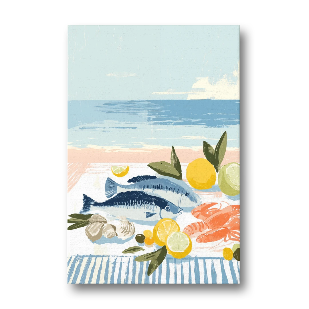 Fish Painting with Lemons by the Sea - Canvas Wall Art - Front