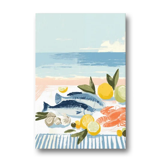 Fish Painting with Lemons by the Sea - Canvas Wall Art - Front