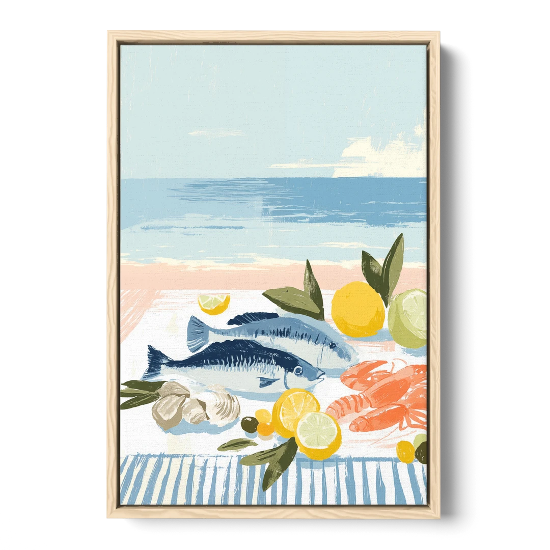 Fish Painting with Lemons by the Sea - Oak Framed Canvas Wall Art - Front