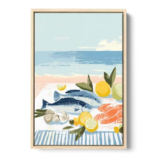Fish Painting with Lemons by the Sea - Oak Framed Canvas Wall Art - Front
