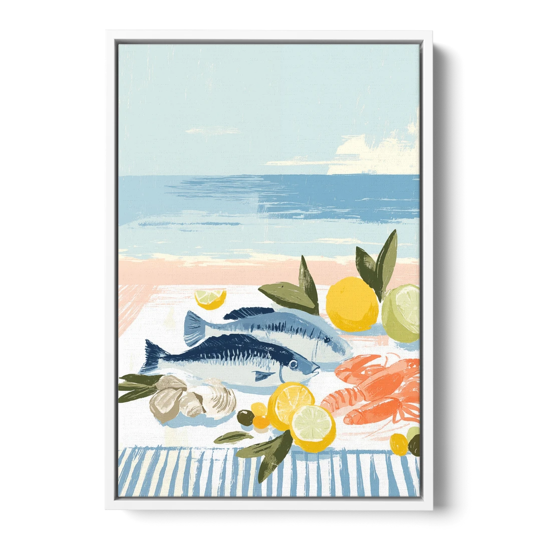 Fish Painting with Lemons by the Sea - White Framed Canvas Wall Art - Front
