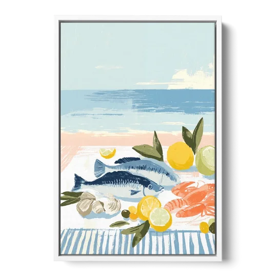Fish Painting with Lemons by the Sea - White Framed Canvas Wall Art - Front