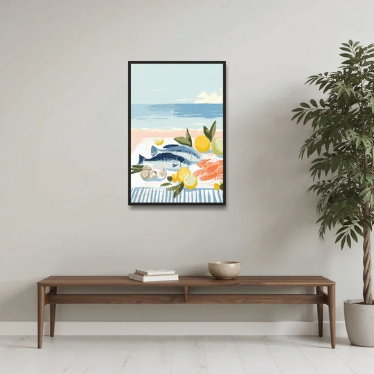 Fish Painting with Lemons by the Sea - Black Framed Canvas Wall Art - Coffee Table - 24x36