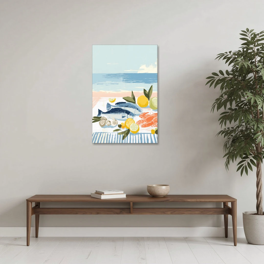 Fish Painting with Lemons by the Sea - Canvas Wall Art - Coffee Table - 24x36