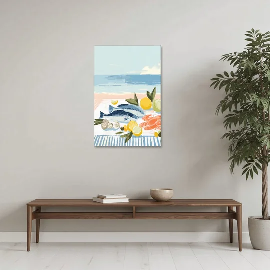 Fish Painting with Lemons by the Sea - Canvas Wall Art - Coffee Table - 24x36
