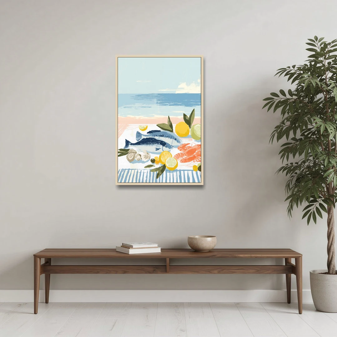 Fish Painting with Lemons by the Sea - Oak Framed Canvas Wall Art - Coffee Table - 24x36