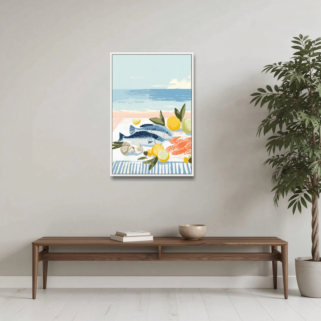 Fish Painting with Lemons by the Sea - White Framed Canvas Wall Art - Coffee Table - 24x36