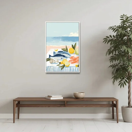 Fish Painting with Lemons by the Sea - White Framed Canvas Wall Art - Coffee Table - 24x36