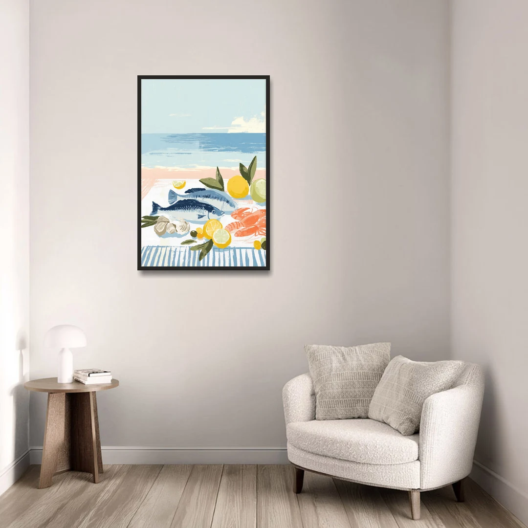 Fish Painting with Lemons by the Sea - Black Framed Canvas Wall Art - Sofa - 24x36