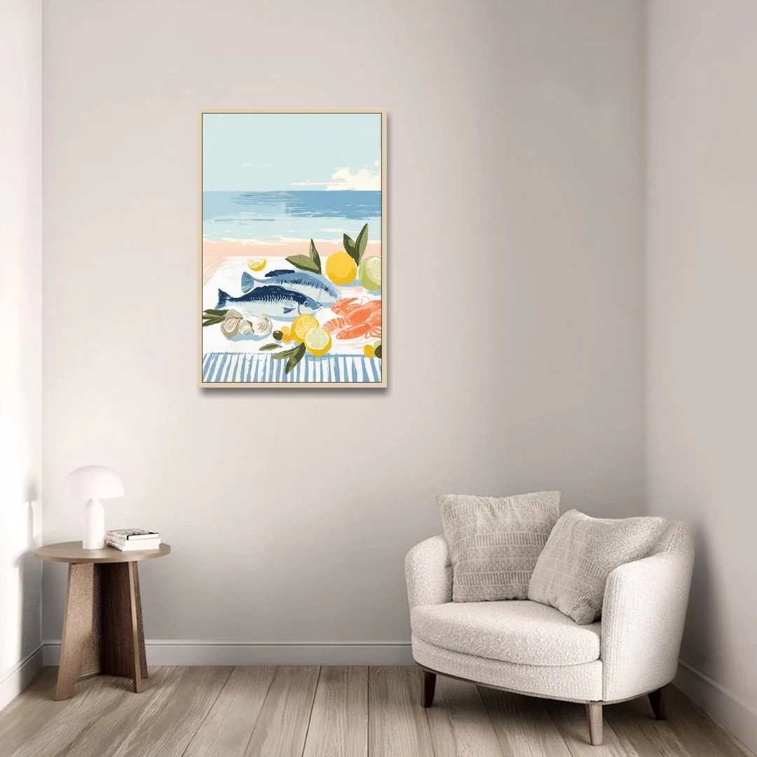Fish Painting with Lemons by the Sea - Oak Framed Canvas Wall Art - Sofa - 24x36