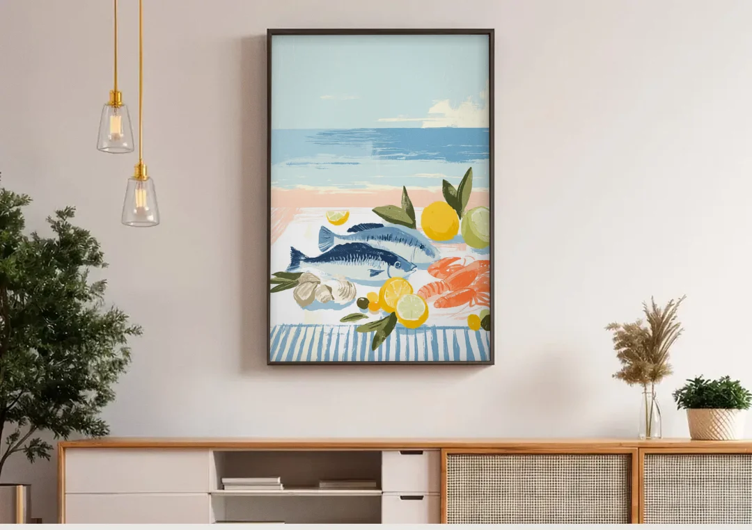 Fish Painting with Lemons by the Sea canvas wall art above a wooden sideboard under pendant lights