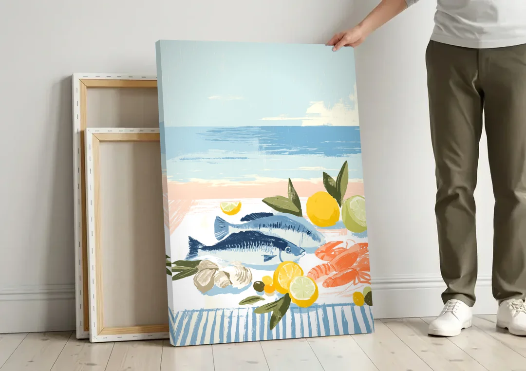 Fish Painting with Lemons by the Sea canvas wall art leaning against a wall next to blank canvases
