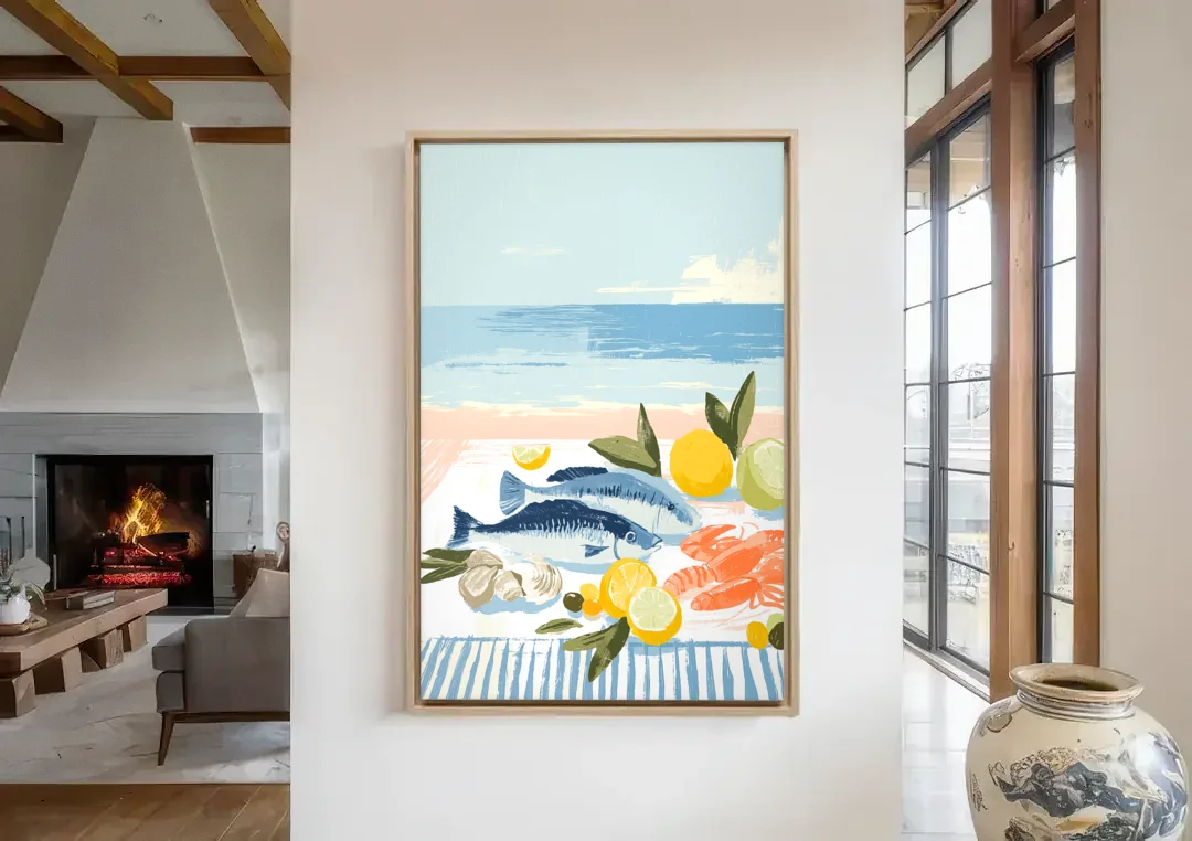 Fish Painting with Lemons by the Sea canvas wall art in a living room with a fireplace