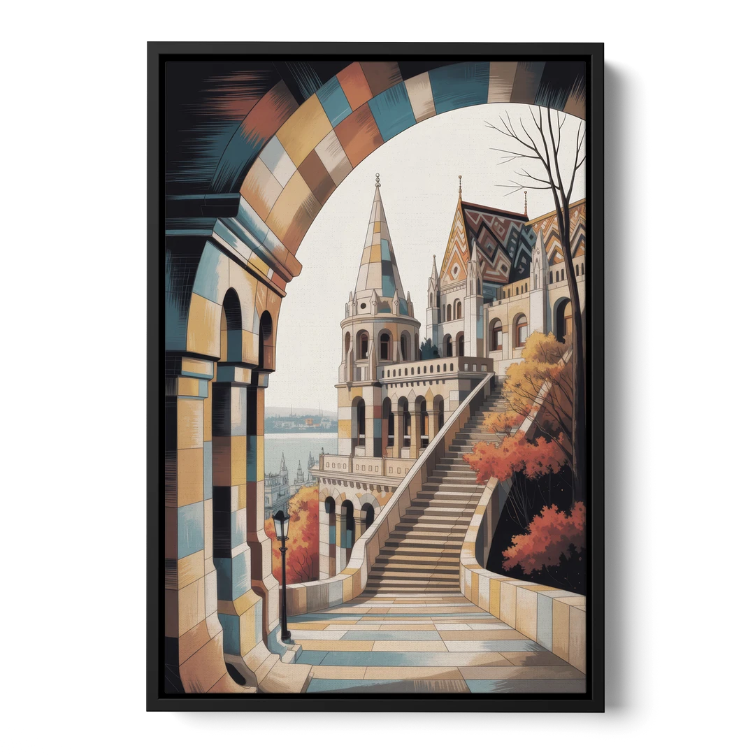 Fisherman's Bastion View - Black Framed Canvas Wall Art - Front