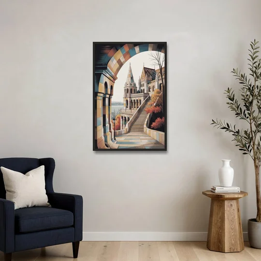 Fisherman's Bastion View - Black Framed Canvas Wall Art - Sofa - 24x36