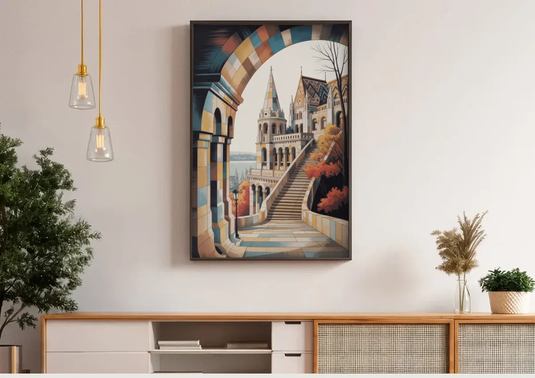 Fisherman's Bastion View canvas wall art above a wooden sideboard under pendant lights