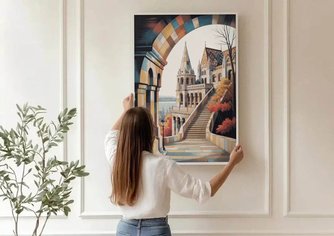 Fisherman's Bastion View canvas wall art being hung on a paneled wall