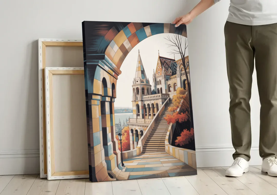 Fisherman's Bastion View canvas wall art leaning against a wall next to blank canvases