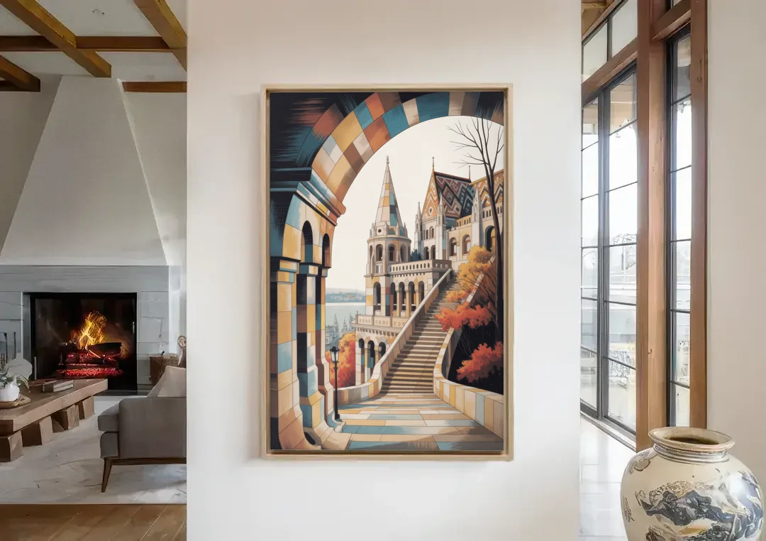 Fisherman's Bastion View canvas wall art in a living room with a fireplace