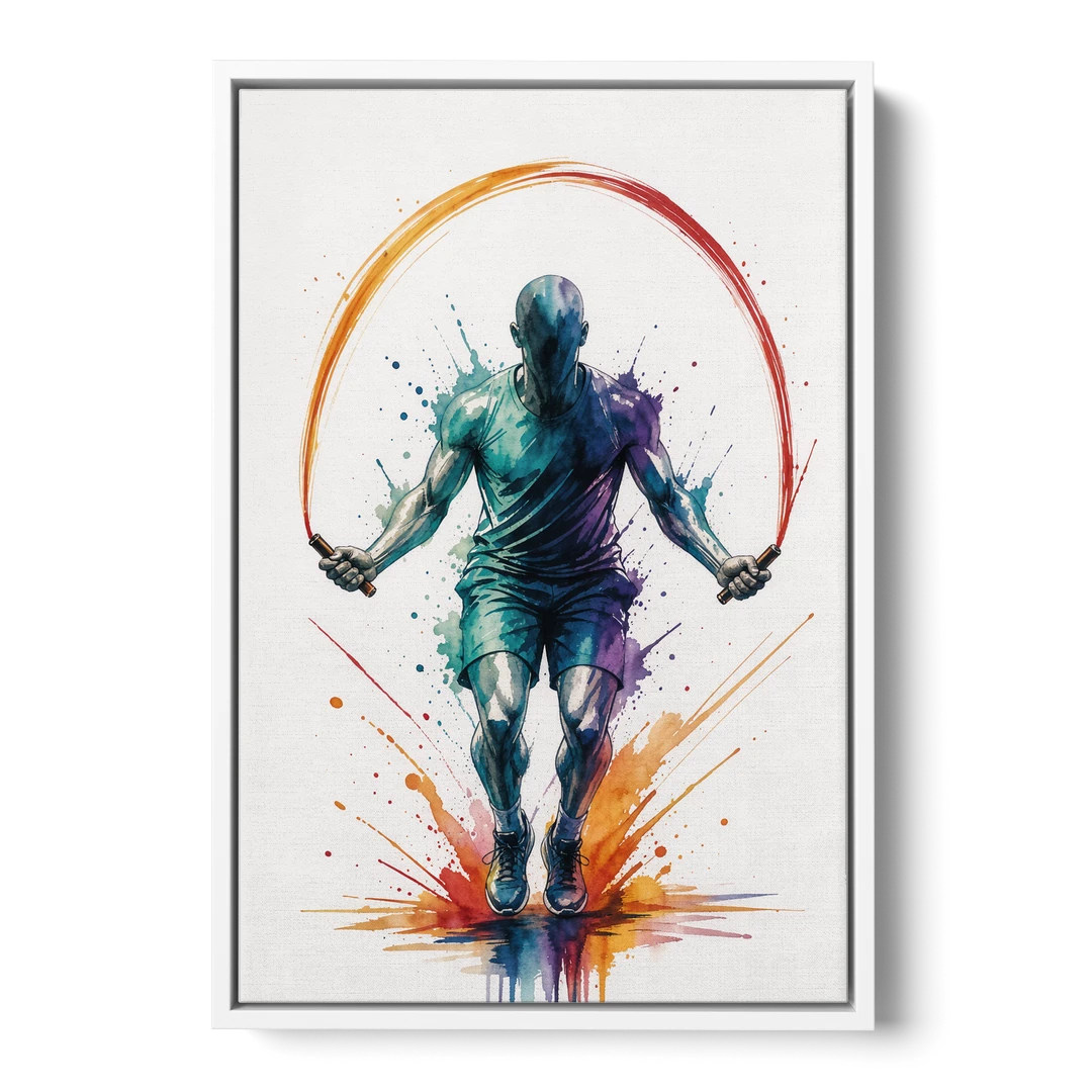 Fitness Wall Art Skipping Rope in Full Arc - White Framed Canvas Wall Art - Front