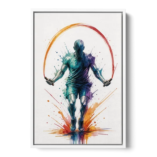 Fitness Wall Art Skipping Rope in Full Arc - White Framed Canvas Wall Art - Front