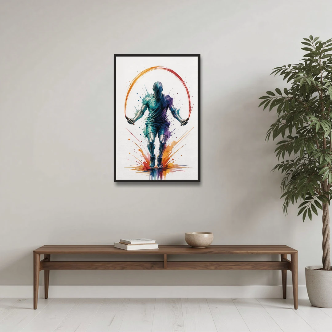 Fitness Wall Art Skipping Rope in Full Arc - Black Framed Canvas Wall Art - Coffee Table - 24x36