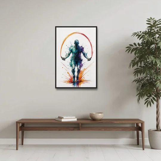 Fitness Wall Art Skipping Rope in Full Arc - Black Framed Canvas Wall Art - Coffee Table - 24x36