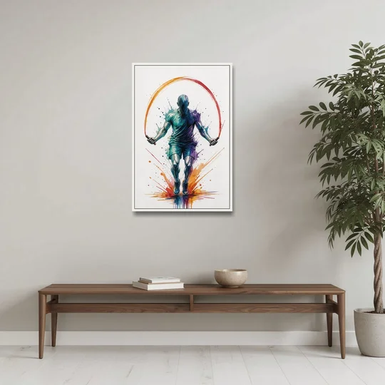 Fitness Wall Art Skipping Rope in Full Arc - White Framed Canvas Wall Art - Coffee Table - 24x36