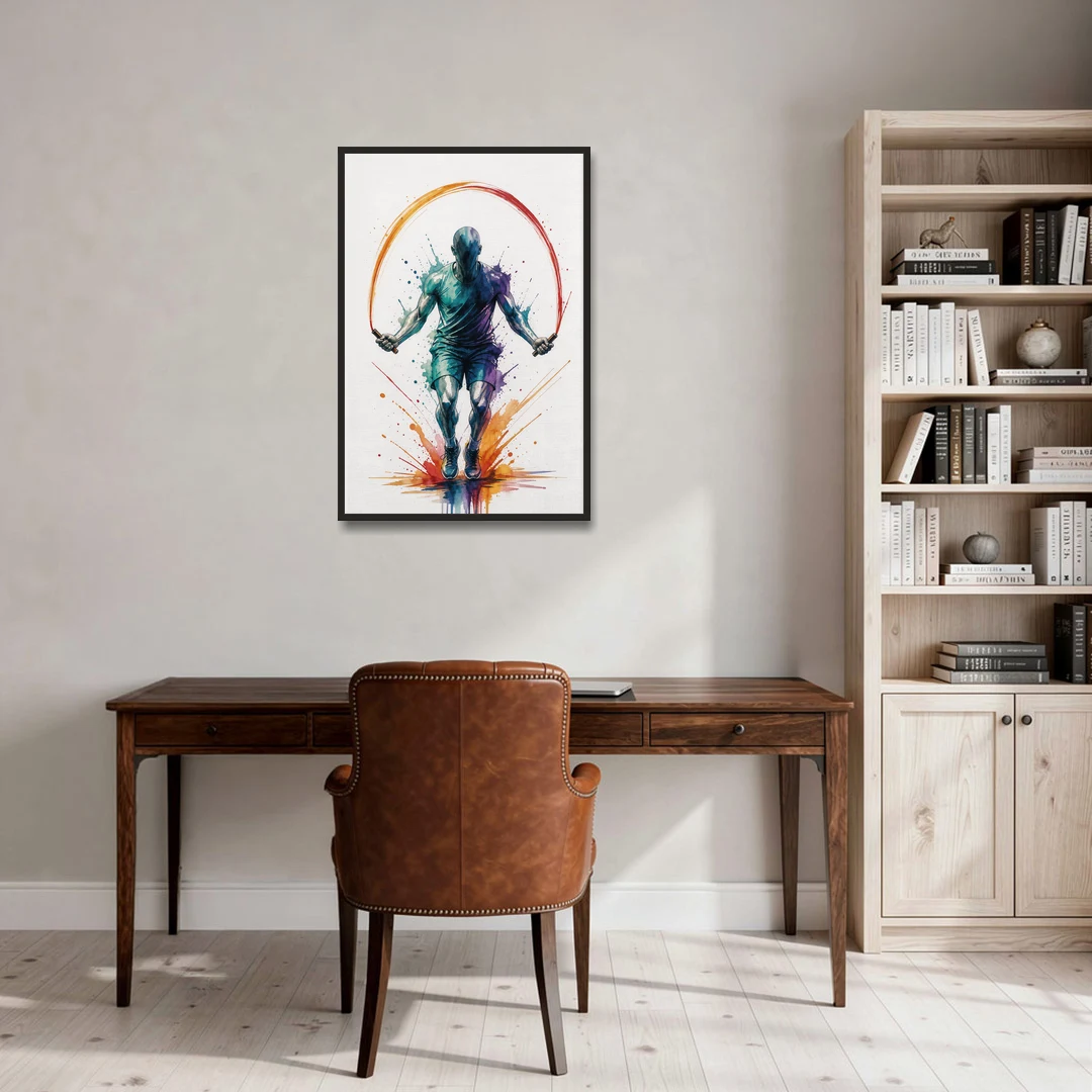Fitness Wall Art Skipping Rope in Full Arc - Black Framed Canvas Wall Art - Office - 24x36