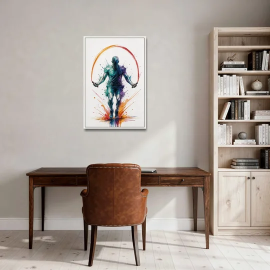 Fitness Wall Art Skipping Rope in Full Arc - White Framed Canvas Wall Art - Office - 24x36