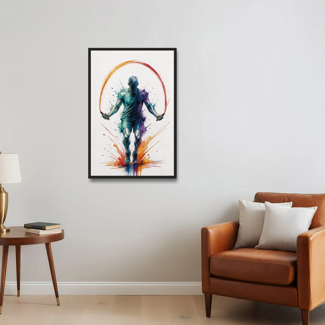 Fitness Wall Art Skipping Rope in Full Arc - Black Framed Canvas Wall Art - Sofa - 24x36