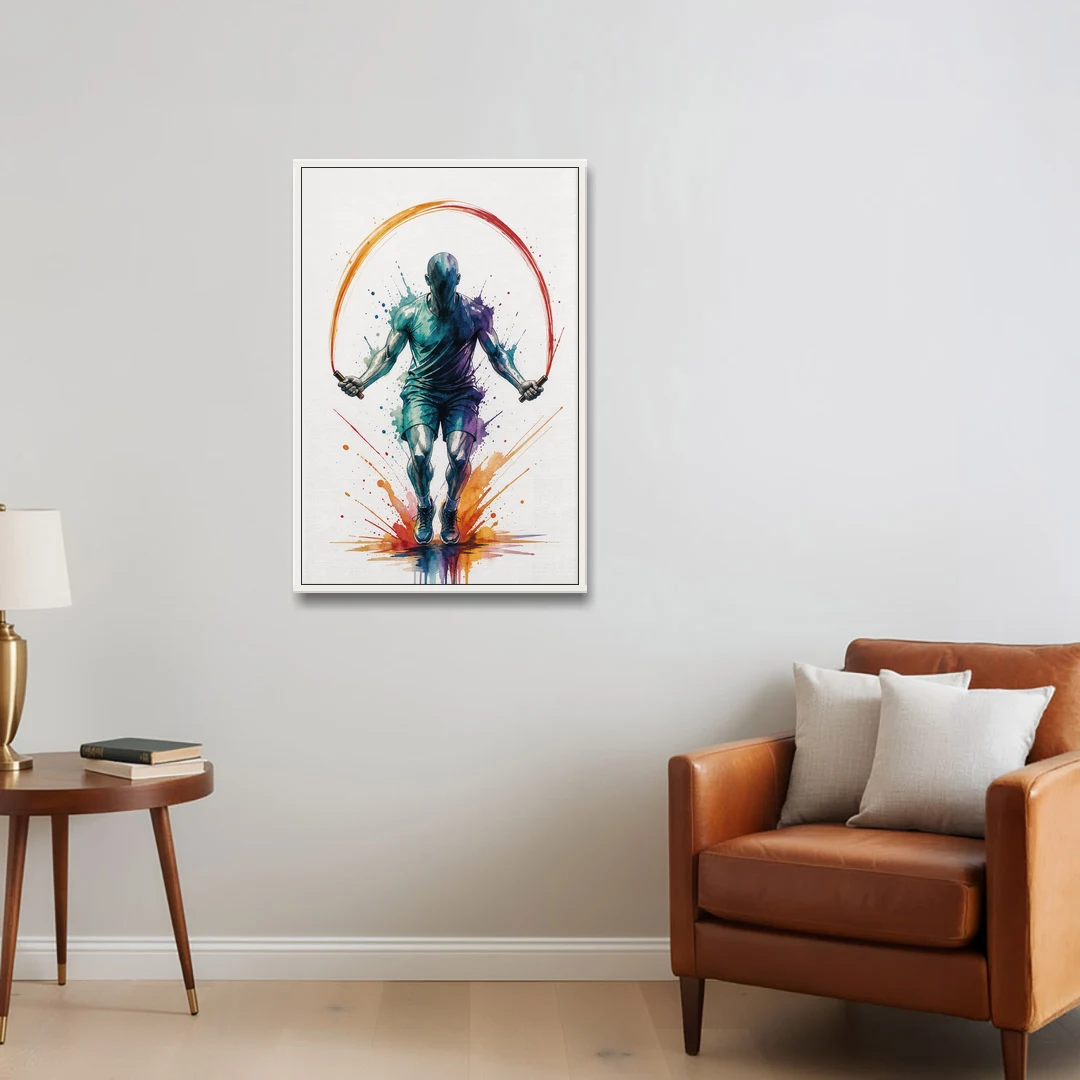Fitness Wall Art Skipping Rope in Full Arc - White Framed Canvas Wall Art - Sofa - 24x36