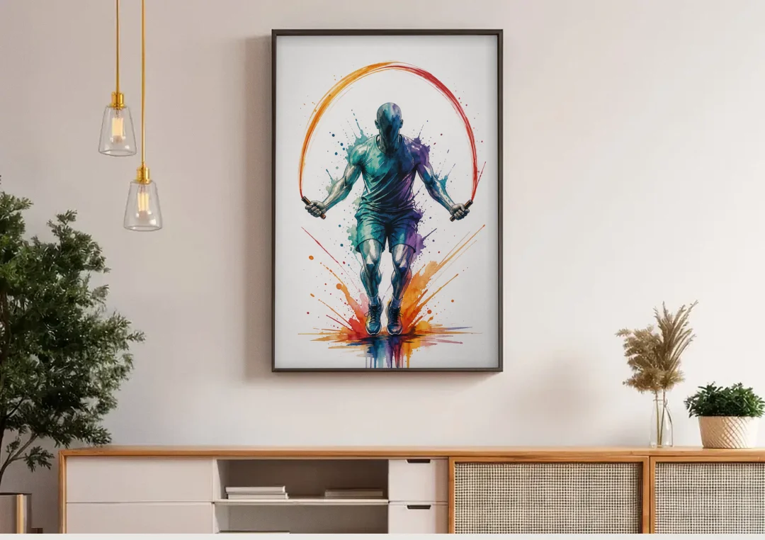 Fitness Wall Art Skipping Rope in Full Arc canvas wall art above a wooden sideboard under pendant lights
