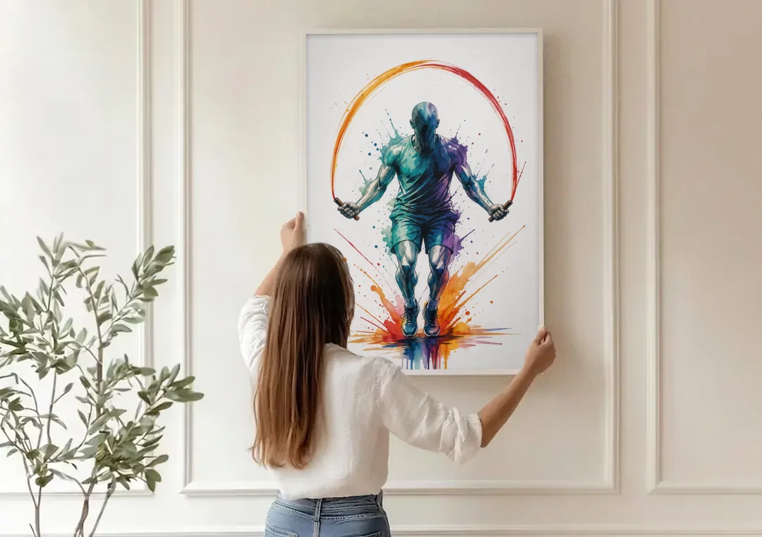 Fitness Wall Art Skipping Rope in Full Arc canvas wall art being hung on a paneled wall