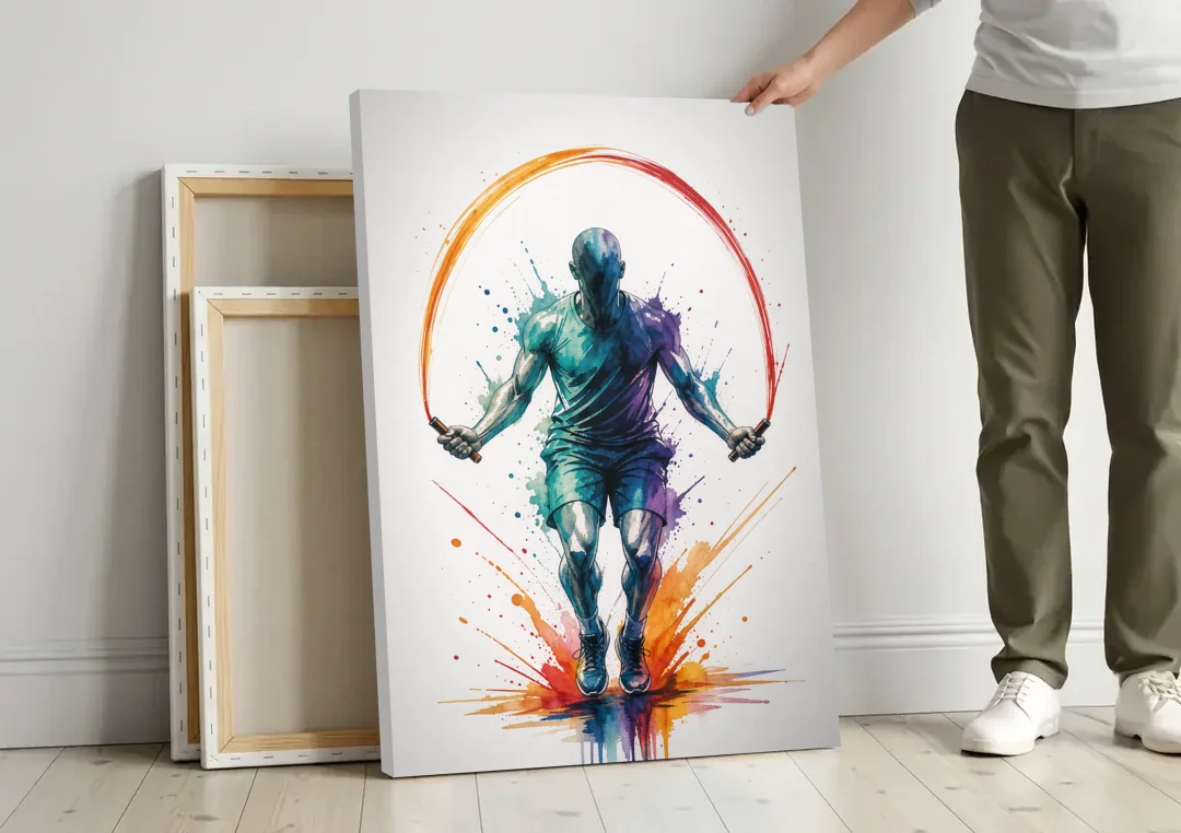 Fitness Wall Art Skipping Rope in Full Arc canvas wall art leaning against a wall next to blank canvases