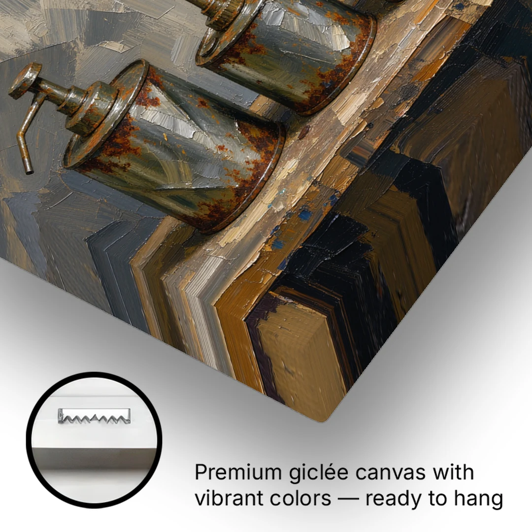 Five Rusty Oil Cans on a Worn Wooden Shelf - Canvas Wall Art - Gallery Wrap Corner