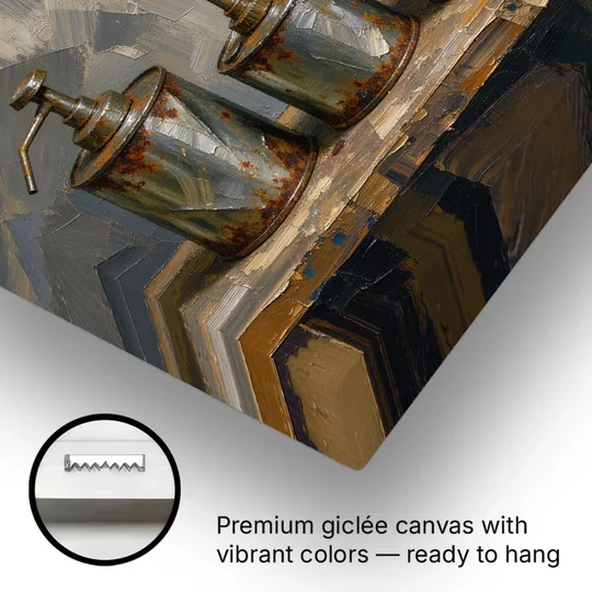 Five Rusty Oil Cans on a Worn Wooden Shelf - Canvas Wall Art - Gallery Wrap Corner