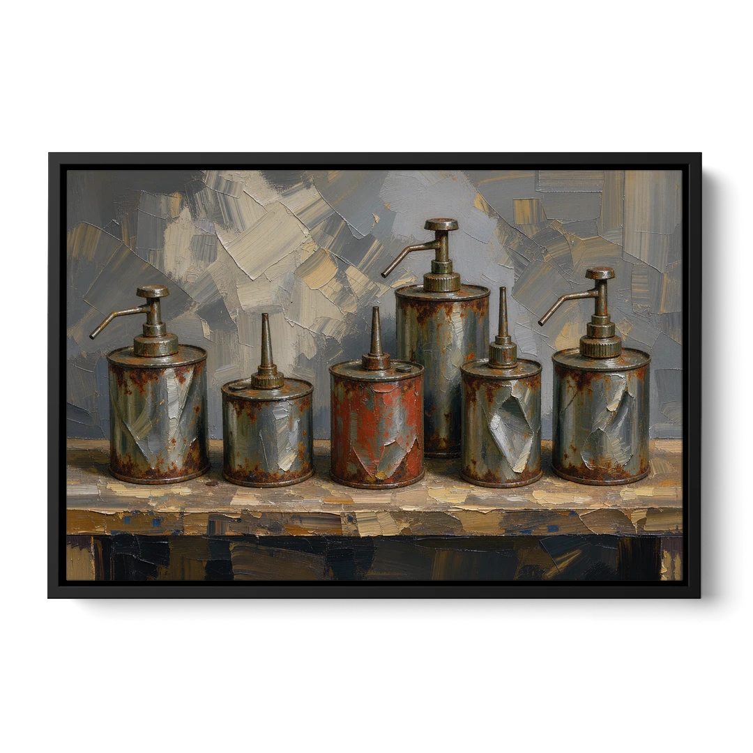 Five Rusty Oil Cans on a Worn Wooden Shelf - Black Framed Canvas Wall Art - Front