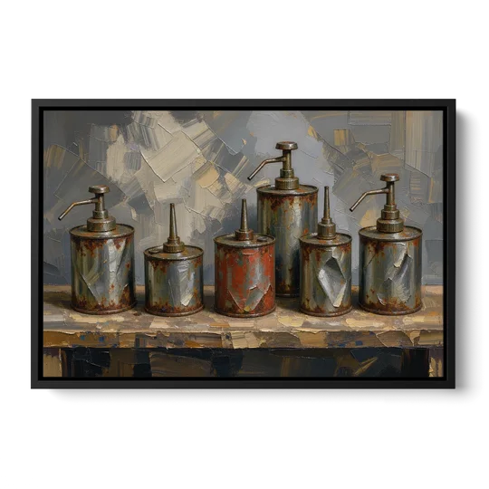 Five Rusty Oil Cans on a Worn Wooden Shelf - Black Framed Canvas Wall Art - Front