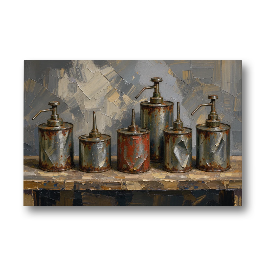 Five Rusty Oil Cans on a Worn Wooden Shelf - Canvas Wall Art - Front