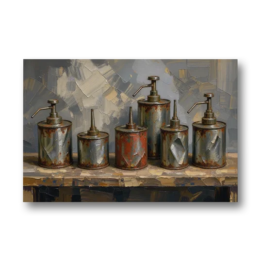 Five Rusty Oil Cans on a Worn Wooden Shelf - Canvas Wall Art - Front