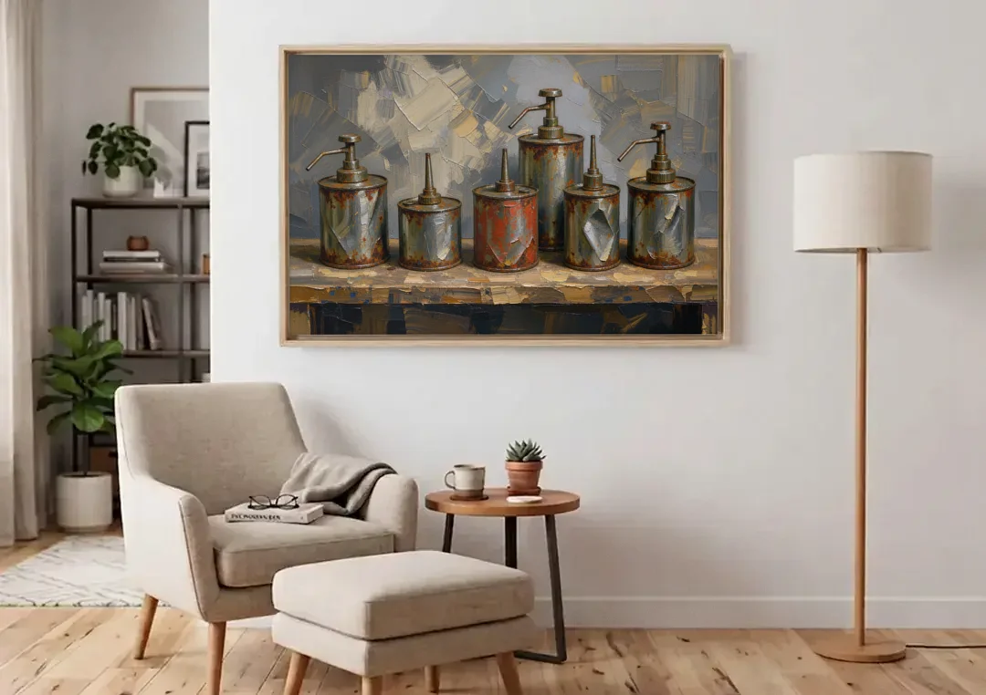 Five Rusty Oil Cans on a Worn Wooden Shelf canvas wall art above an armchair in a bright living room