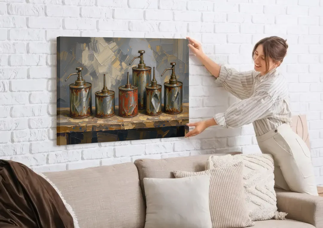 Five Rusty Oil Cans on a Worn Wooden Shelf canvas wall art being hung on a white brick wall above a sofa
