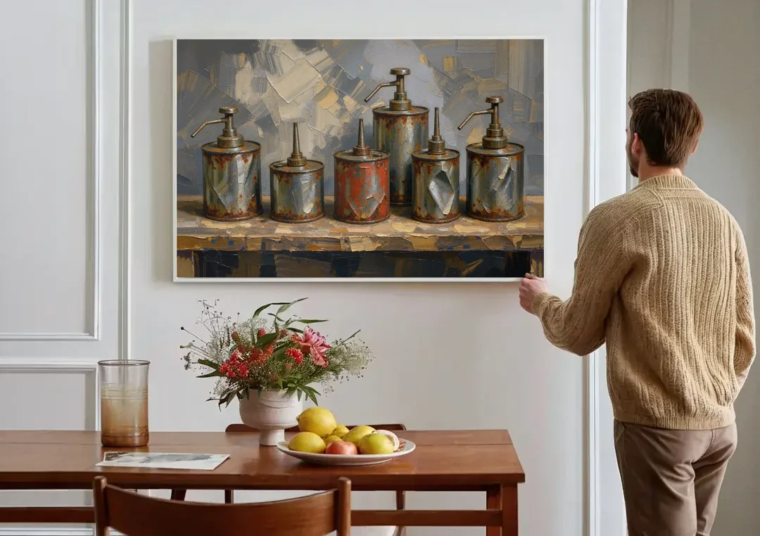 Five Rusty Oil Cans on a Worn Wooden Shelf canvas wall art above a dining table