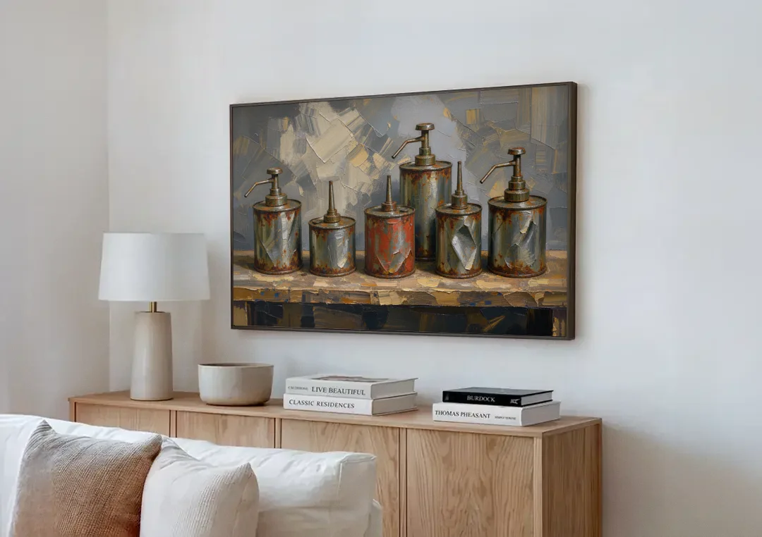 Five Rusty Oil Cans on a Worn Wooden Shelf canvas wall art above a wooden sideboard next to a sofa
